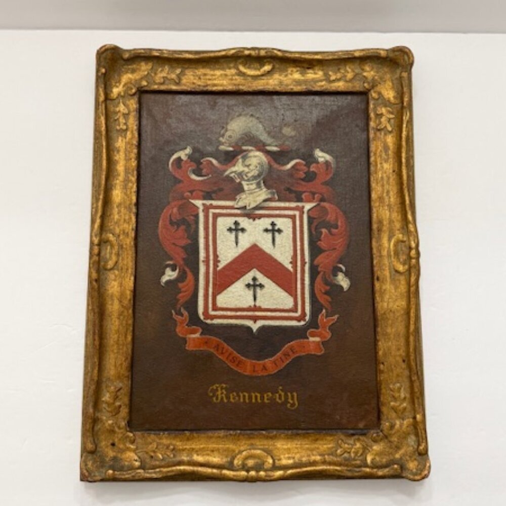 Vintage Hand Painted "Kennedy" Coat of Arms Framed 17" x 13.5"